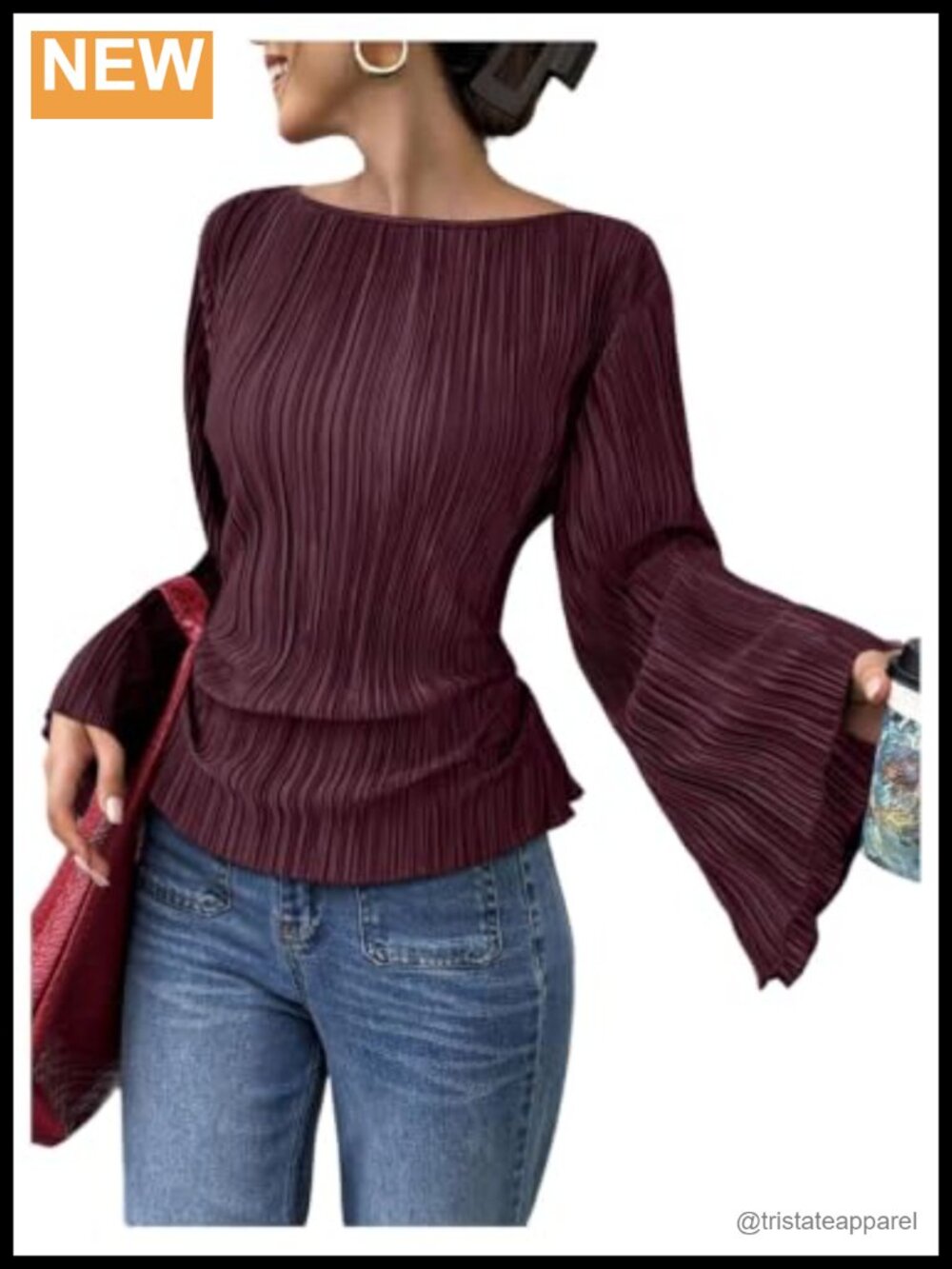 Women's Cinched Waist Long Sleeve Blouse Flowy Boat Neck Tie Back